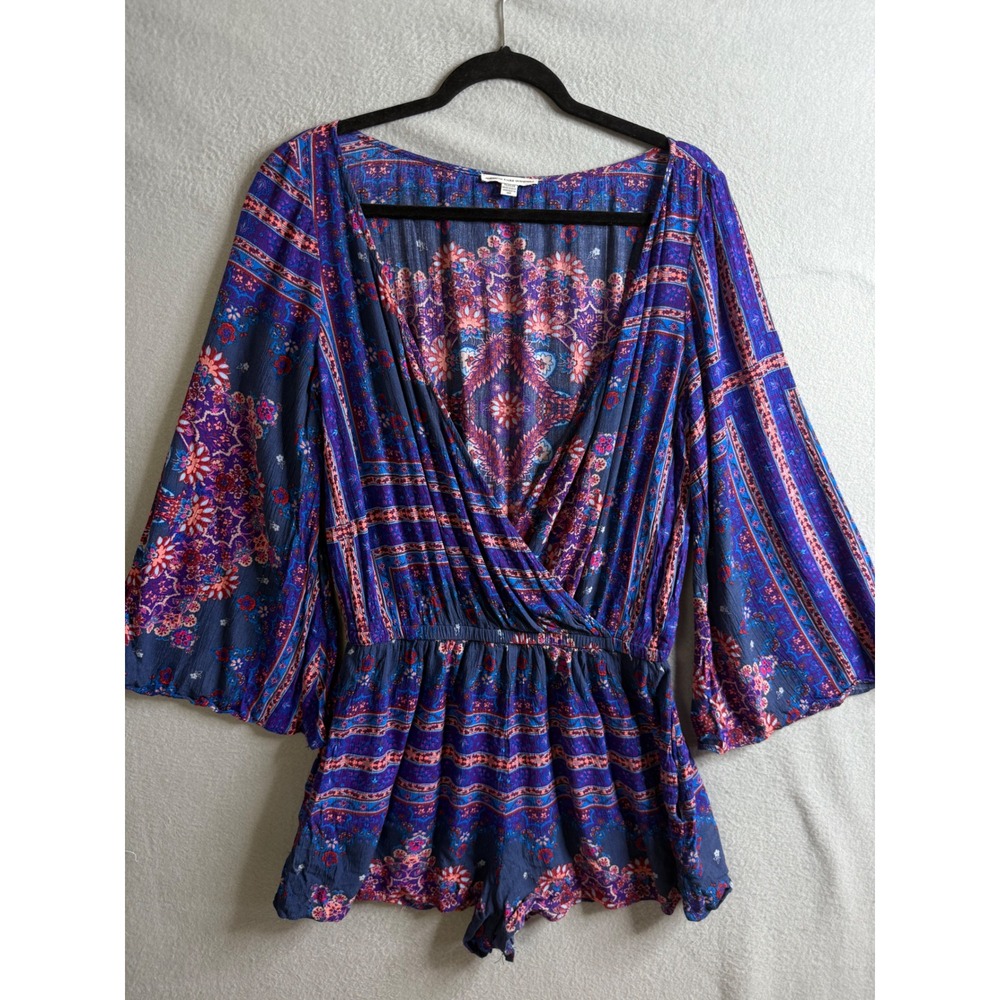 American Eagle Romper Women's Medium Blue Purple Floral Bell Sleeve